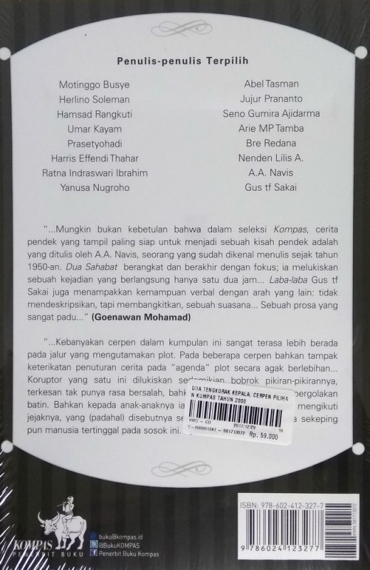 Cover Belakang Buku Dua Tengkorak Kepala, Cerpen Pilihan Kompas Tahun 2000